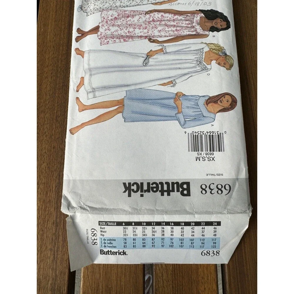 Butterick Sewing Pattern 6838 Misses Misses Petite Nightgown XS S M